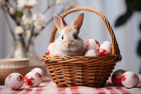 篮子中的兔子和彩蛋图片
