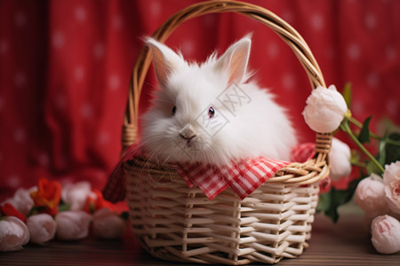 竹篮中毛茸茸的兔子图片