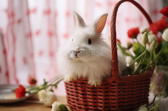 竹篮中的可爱小兔图片