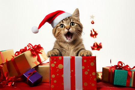 收到礼物猫咪圣诞节的猫咪惊喜礼物背景