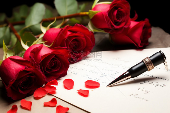 玫瑰花旁的情人节贺卡图片