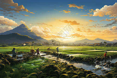 夕阳余晖的稻田图片