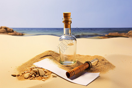 海滩上沟通的瓶子图片