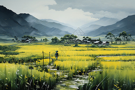 稻田里忙碌的农民背景图片