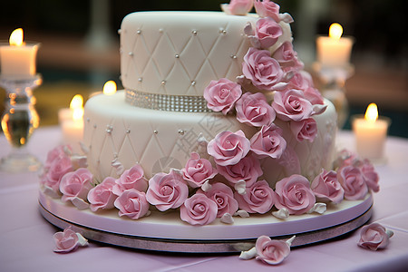 粉色花朵点缀的蛋糕图片