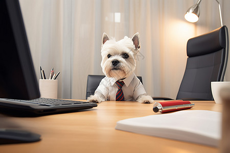 白色书桌办公的可爱小狗背景
