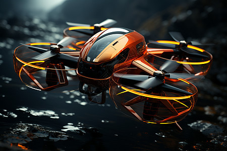 黑背景下的红黑飞行器在水面上以高速灵活飞行给人一种动感十足的视觉冲击图片