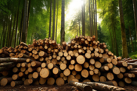 森林堆放的木材图片