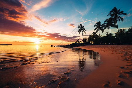 夕阳海滩夕阳下沙滩的树背景