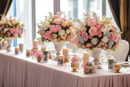 浪漫花艺布置的婚礼宴会厅图片