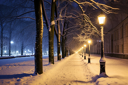 白雪覆盖冬夜城市街道景观背景