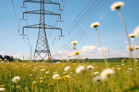 乡村田野上的电力塔图片