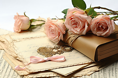 古老的信件与玫瑰花朵图片
