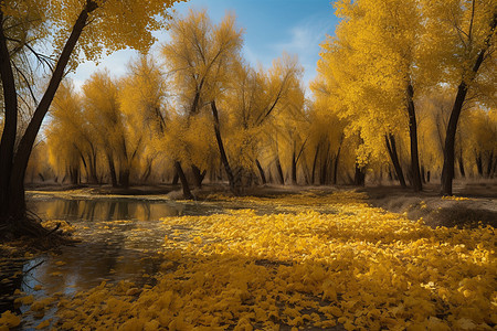 森林湖泊的秋季落叶图片
