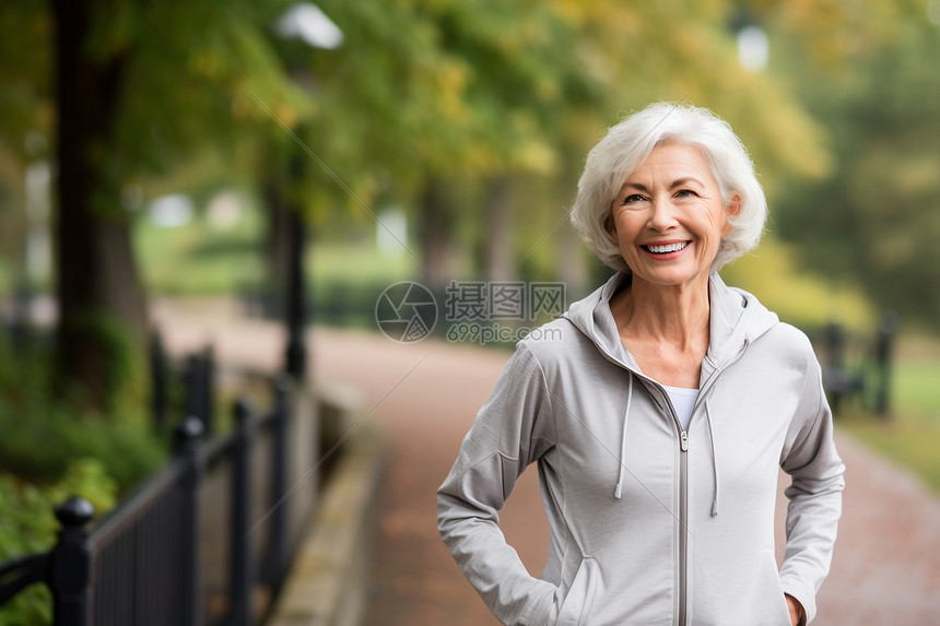 悠闲散步的老年女性图片