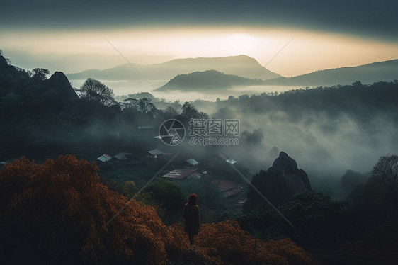 清晨朦胧的山间村庄景观图片