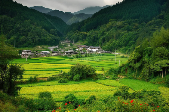 山谷中的农业田野景观图片