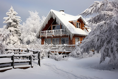 冬季白雪覆盖的森林小屋图片