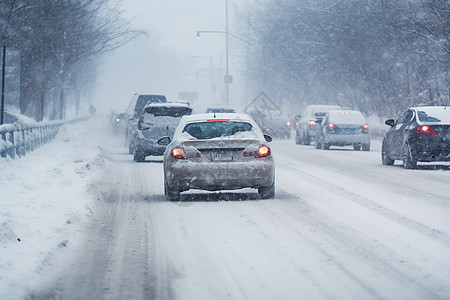 大雪养生冬季雪中街道上的车流背景