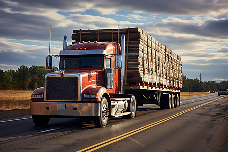 公路上运载木材的卡车图片