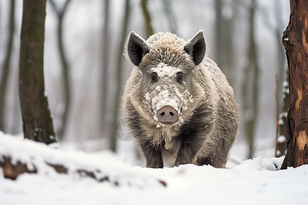 冬季雪地中奔跑的野猪图片