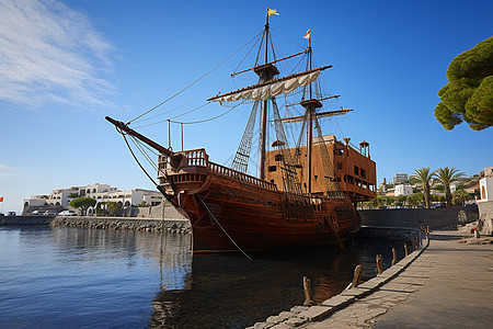 码头停靠的木质帆船图片
