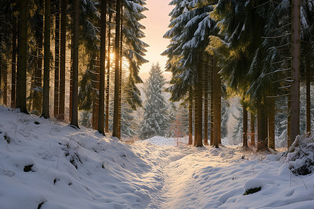 冬日晨曦中的雪景小径图片