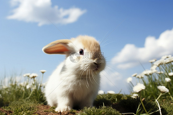 草地中隐藏的可爱兔子图片
