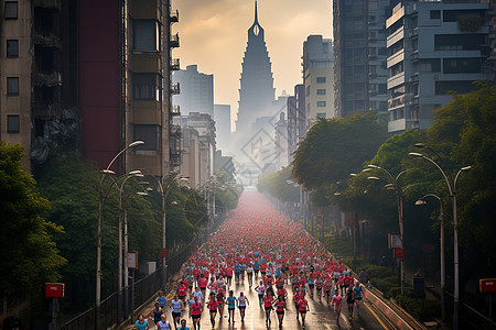 清晨城市中的马拉松比赛背景图片