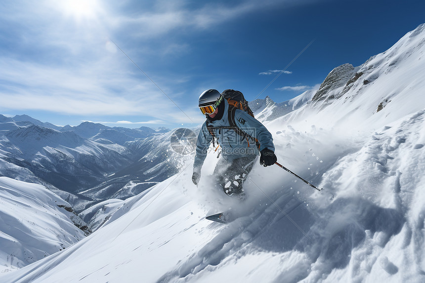 雪山飞驰的滑雪爱好者图片