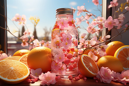 梦幻色彩的橙瓶与粉花图片