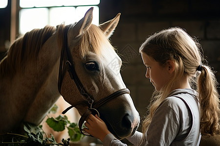 马厩里和马匹玩耍的女孩图片