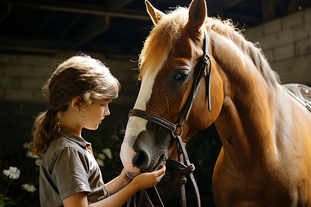 喂养马匹的小女孩背景图片