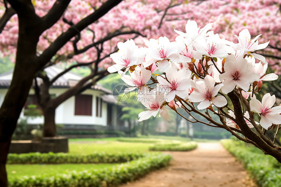 春天樱花盛开的公园小径图片