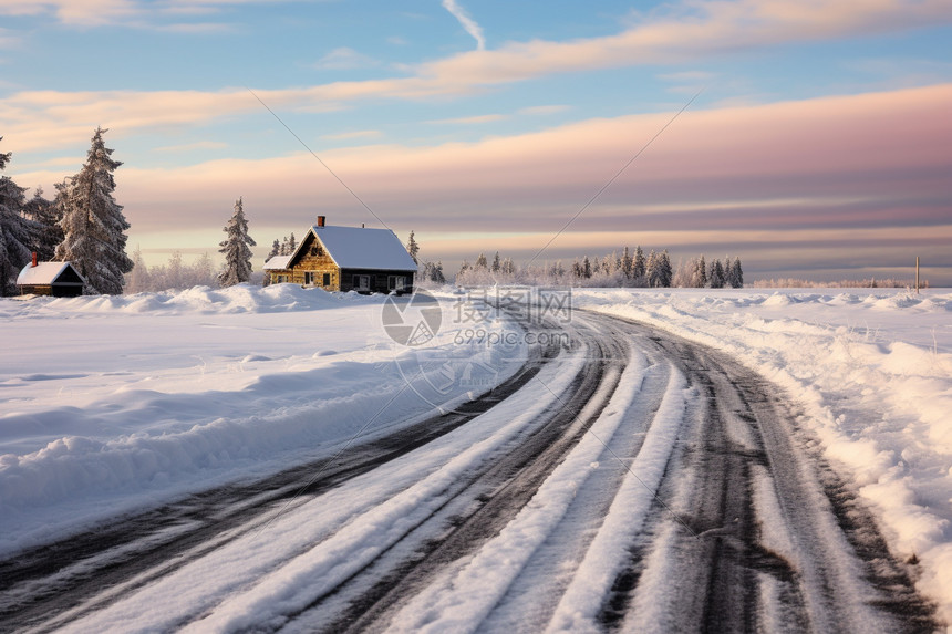 冬季白雪覆盖的乡村道路景观图片