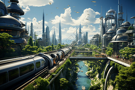 火车穿越城市的未来景观图片