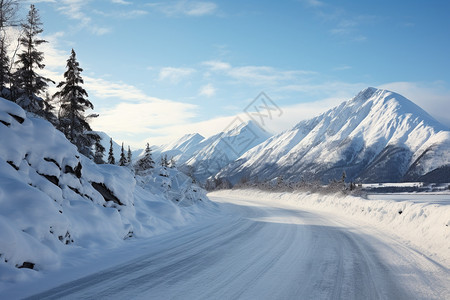 寒冷冬天的雪山公路图片