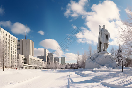白雪覆盖的城市广场景观图片