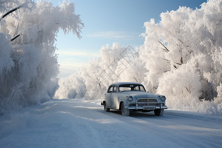 白雪森林中的老式汽车图片