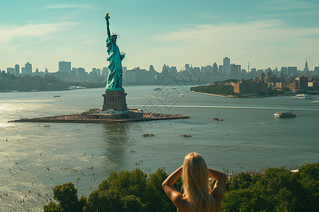 自由女神像俯瞰水城风景背景图片