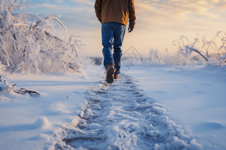 冬季雪地中行走的男子图片