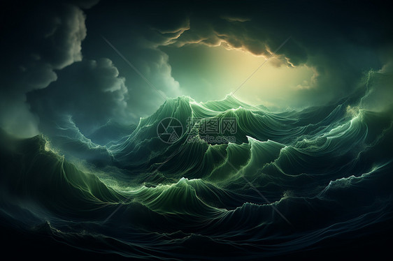 迷幻绘画中的翠绿海浪图片