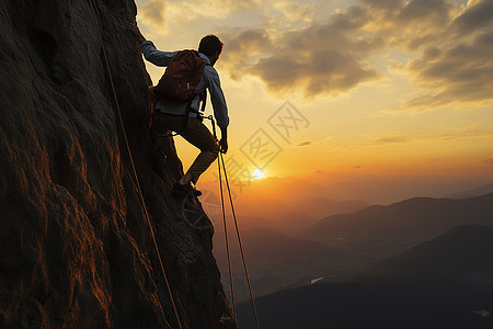 清晨日出下攀岩的男子图片