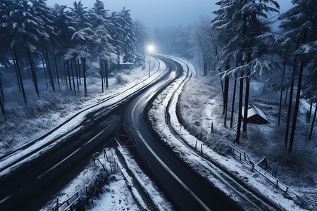 冬季静谧的山间道路景观图片
