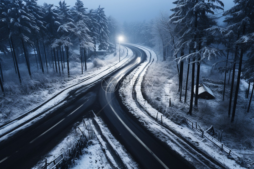 冬季静谧的山间道路景观图片