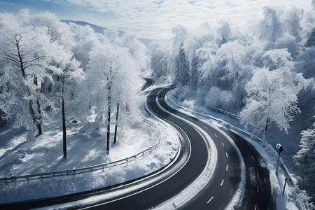 冬季大雪覆盖的山间道路景观图片