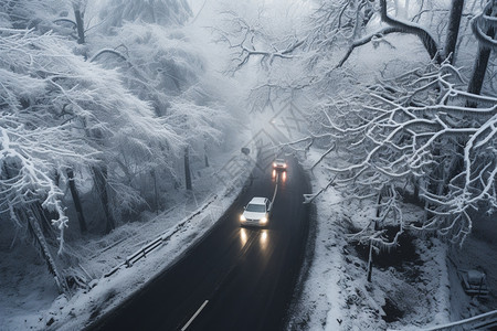 冬季山间道路旁的树挂景观图片