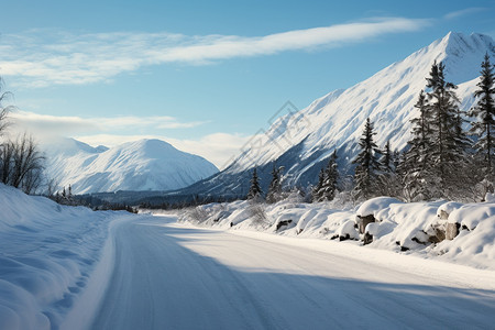 冬季白雪皑皑的雪山公路图片