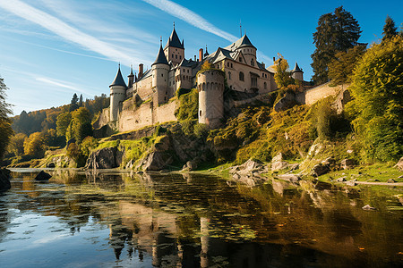 河畔古老的欧式城堡建筑图片