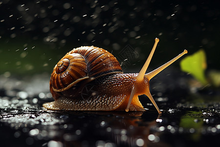 可爱的蜗牛在雨中爬行图片